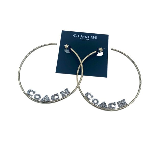 NWT Coach massive huge gold tone Signature Logo Hoop Earrings with rhinestones - Picture 5 of 13